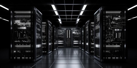 A black and white photo capturing the essence of a server room. Perfect for illustrating...