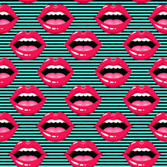 Pattern of red lips on striped background. Cosmetics and makeup seamless pattern. Vector glam pink lips cartoon seamless pattern. Open mouth. Sexy lip make-up. Vector illustration in trendy style.