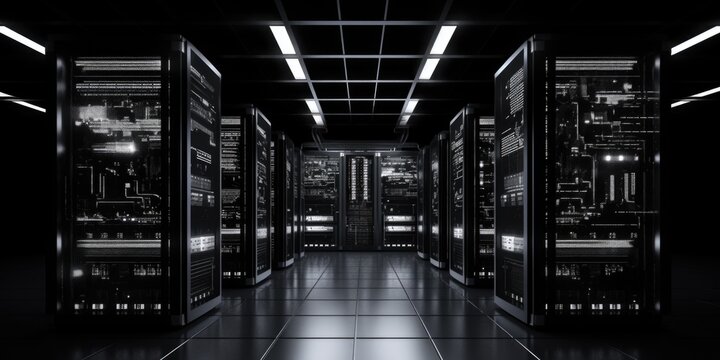 Fototapeta A black and white photo capturing the essence of a server room. Perfect for illustrating technology, data storage, or the digital age