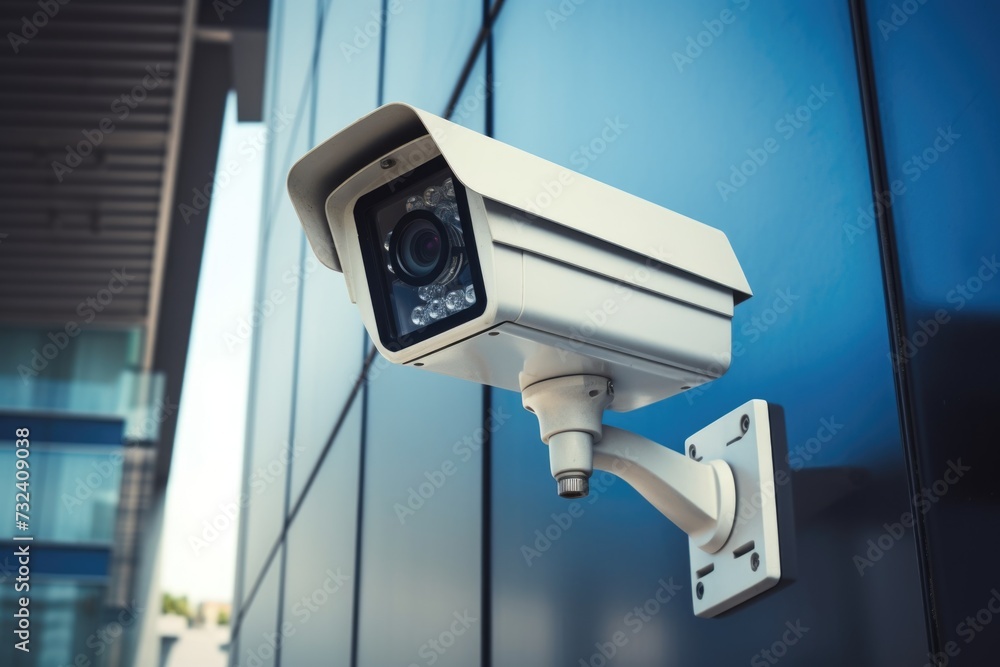 Poster A security camera mounted on the side of a building. Suitable for surveillance and security-related projects