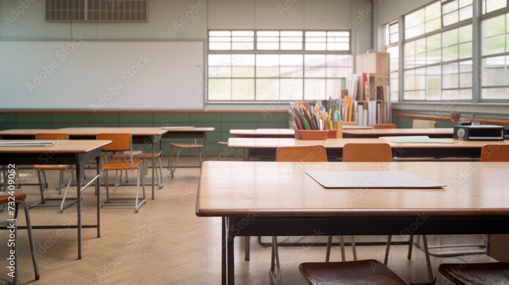 Poster A picture of an empty classroom with desks and chairs. Can be used to illustrate educational concepts or as a background for school-related designs