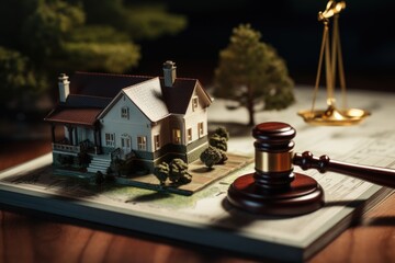 Miniature house placed on a table alongside a judge's gavel. Ideal for legal, real estate, or law-related concepts - obrazy, fototapety, plakaty