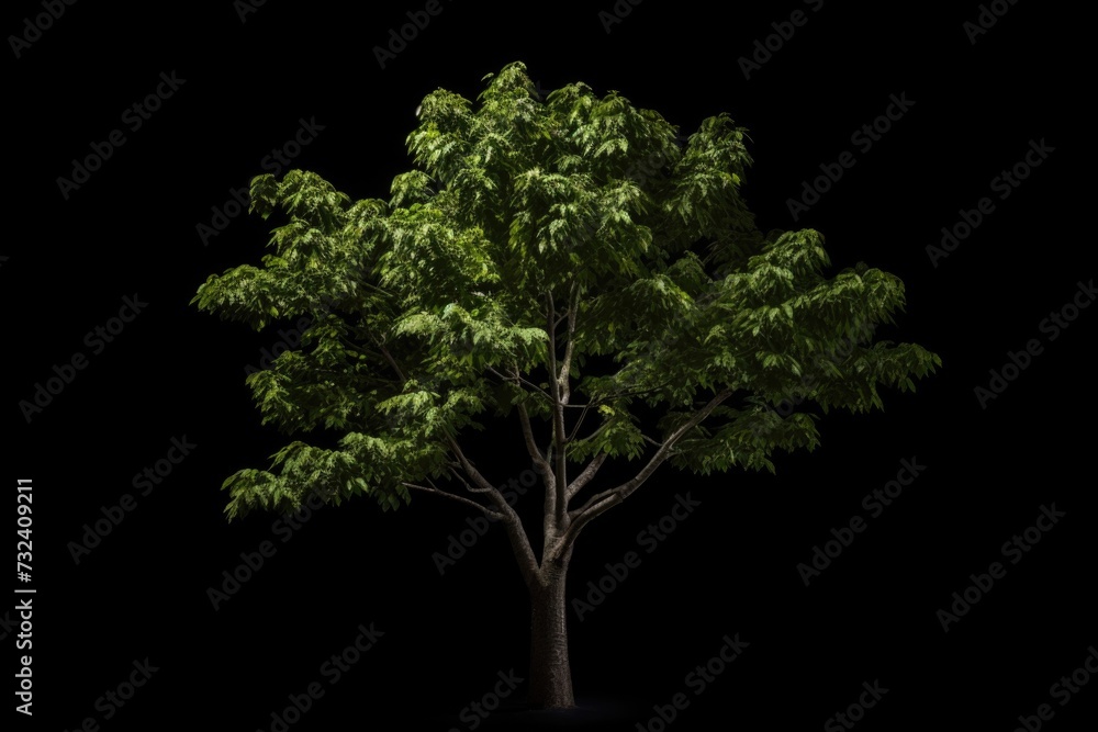 Poster a picture of a tree with vibrant green leaves against a black background. perfect for adding a touch