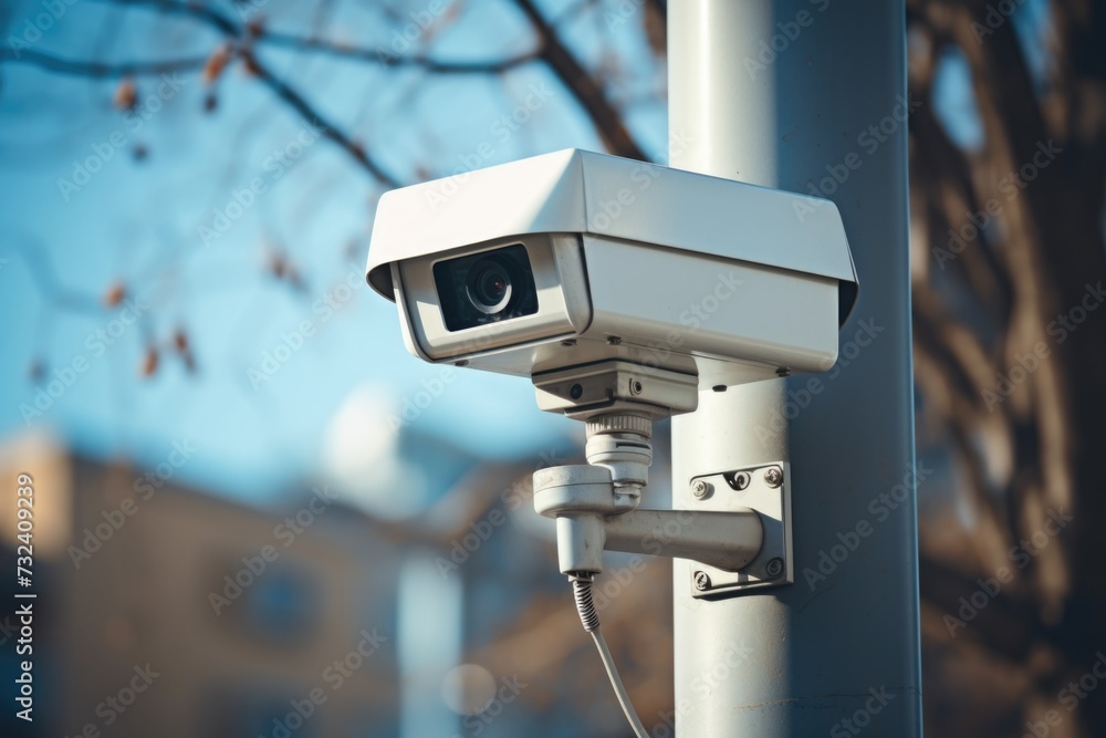 Poster A security camera attached to a pole in front of a building. Suitable for surveillance and security concepts