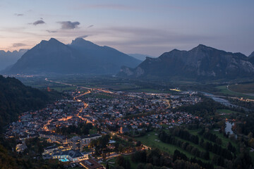 Panorama of the city of Bad Ragaz against the background of the Swiss Alps at sunset. Bad Ragaz Switzerland. Aerial view. Top view