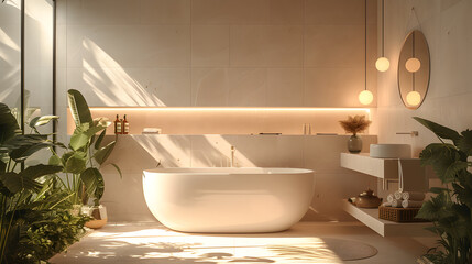 A large bathtub sits between two potted plants in a sunlit luxury bathroom.