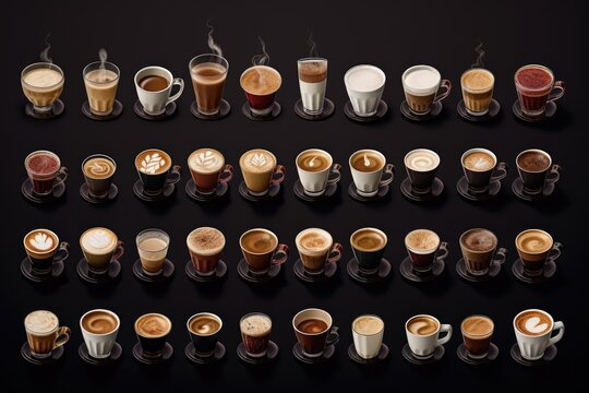 A group of cups of coffee on a table. Perfect for cafe scenes or coffee shop advertisements