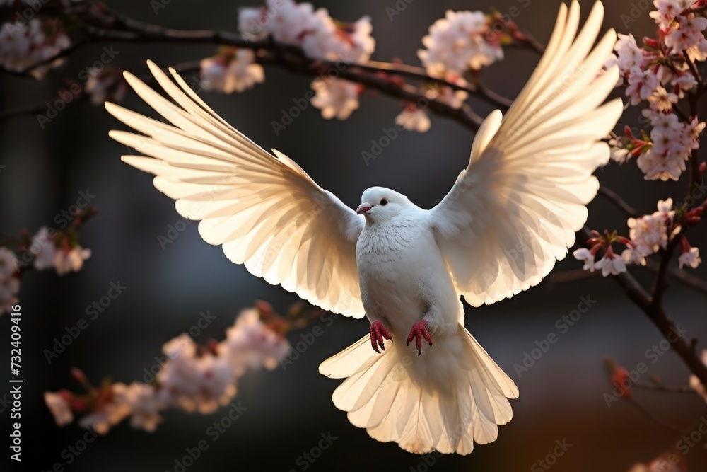 Poster a white dove gracefully flies through the air with its wings spread wide. this image captures the be