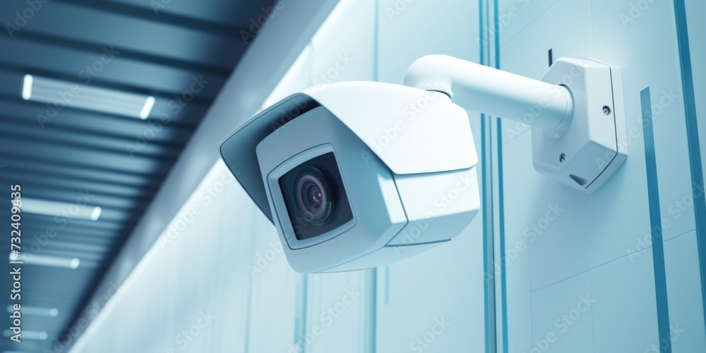 Poster a security camera mounted on the side of a building. suitable for surveillance and monitoring purpos