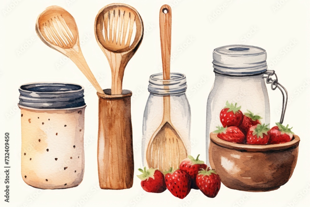 Poster a painting depicting various kitchen utensils and a jar of fresh strawberries. this versatile image 