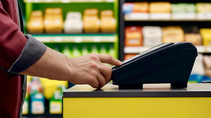 Man entering PIN code into payment terminal at a store