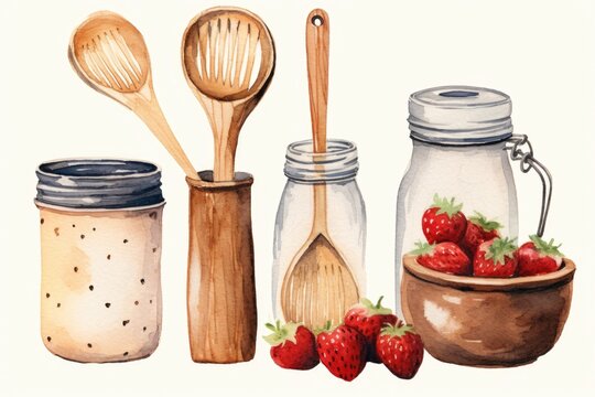 A painting depicting various kitchen utensils and a jar of fresh strawberries. This versatile image can be used to showcase culinary themes or add a touch of color to food-related designs