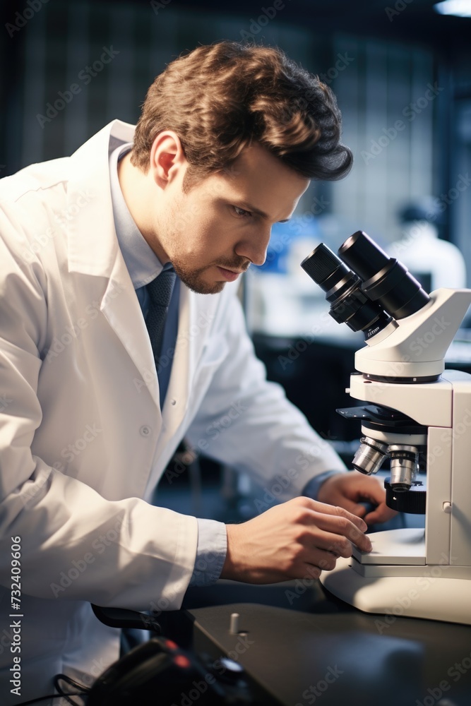 Poster a man wearing a lab coat is seen peering through a microscope. this image can be used to depict scie