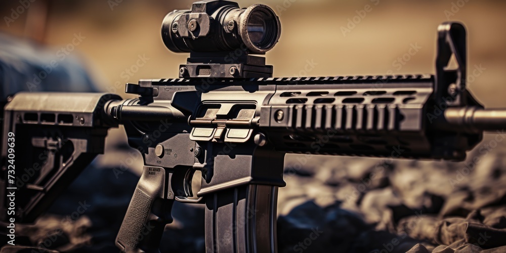 Poster A close-up view of a rifle with a light attached. This versatile image can be used to depict various themes such as security, law enforcement, self-defense, or military operations