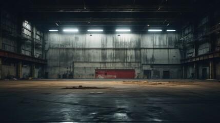 An empty industrial building with a red door. Suitable for concepts related to urban decay, abandoned places, or industrial architecture. Can be used for commercial or editorial purposes - obrazy, fototapety, plakaty