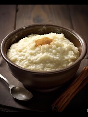 Delicious rice pudding with cinnamon in bowl, closeup