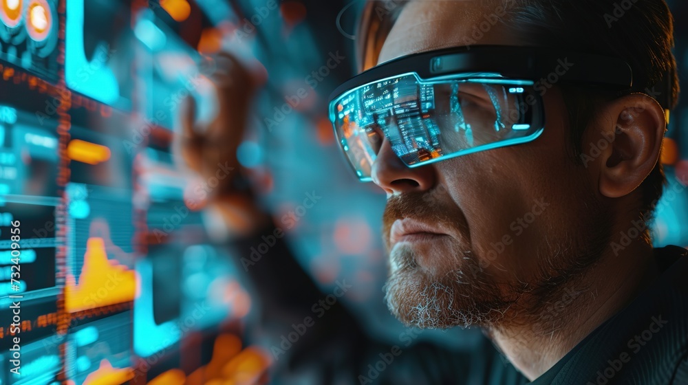 Aufkleber a focused man utilizes augmented reality glasses to interact with and analyze complex data visualiza