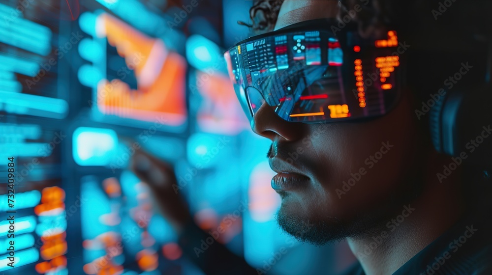 Poster a technician wearing augmented reality glasses fine-tunes a complex data analytics display, immersed