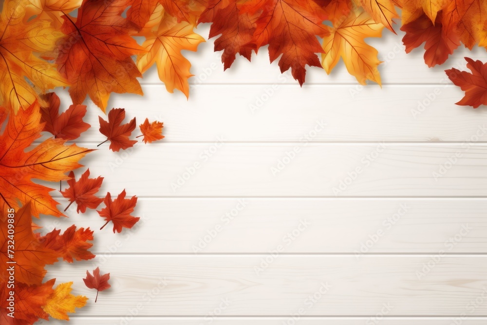 Poster A wooden background with vibrant autumn leaves. Perfect for adding a touch of nature to any design project