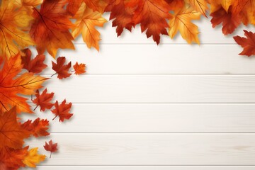 Naklejka na ściany i meble A wooden background with vibrant autumn leaves. Perfect for adding a touch of nature to any design project