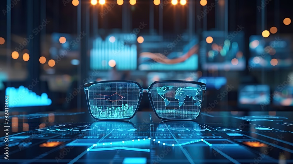Aufkleber a close-up of smart eyewear projecting sophisticated global analytics and data patterns on transpare
