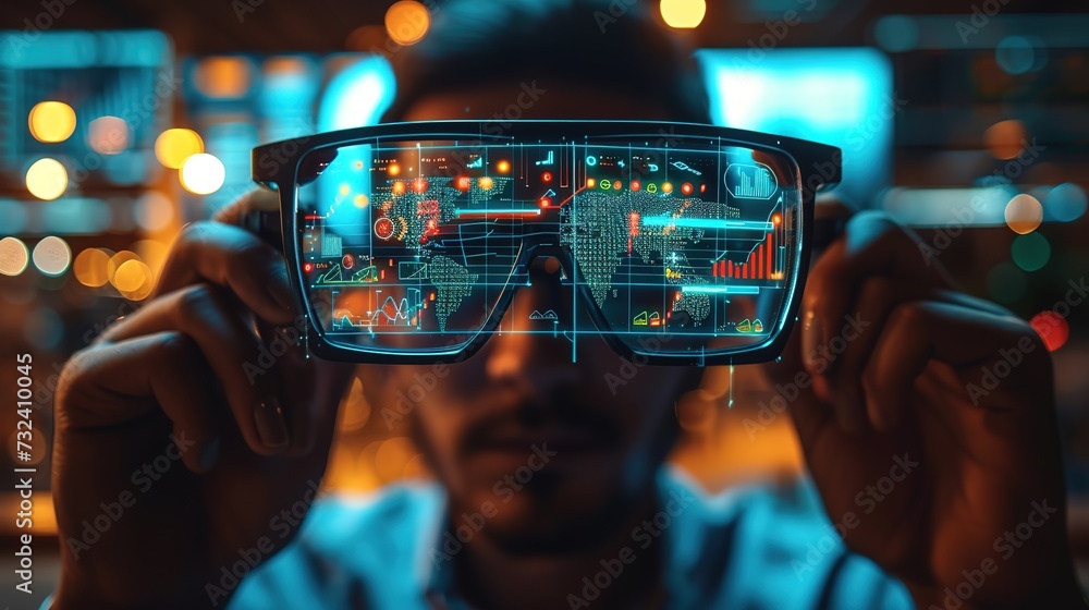 Aufkleber a man holds up smart glasses against a city backdrop, displaying dynamic data visualizations and glo