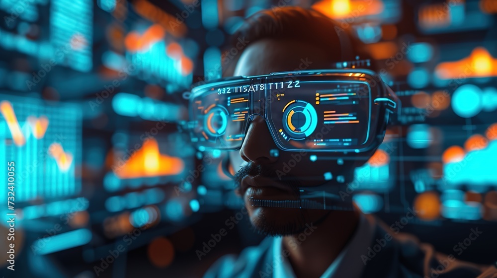 Poster portrait of a businessman wearing advanced smart glasses with a holographic interface and data analy