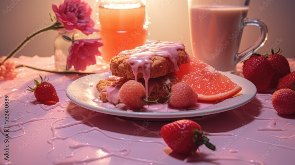 Poster a plate of food is placed on a table next to a glass of milk. this image can be used to showcase a b