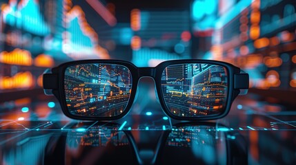 A conceptual image of a vibrant futuristic cityscape focused through the lenses of modern sunglasses on a reflective surface.