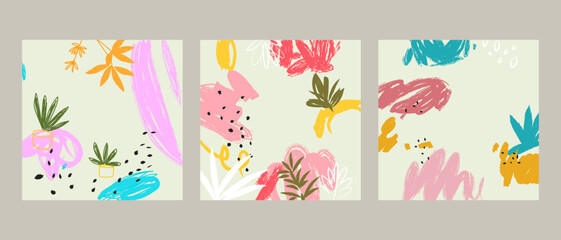 Set of botanical floral wall art , poster, brochure, flyer template, cover and cards. Contemporary collage organic shapes and pattern doodle abstract.