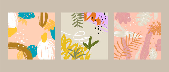 Obraz premium Set of botanical floral wall art , poster, brochure, flyer template, cover and cards. Contemporary collage organic shapes and pattern doodle abstract.