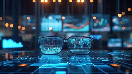 A close-up of smart eyewear projecting sophisticated global analytics and data patterns on transparent screens. - obrazy, fototapety, plakaty