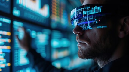 A data analyst in augmented reality eyewear meticulously manages and interacts with digital data screens, symbolizing modern data analytics.