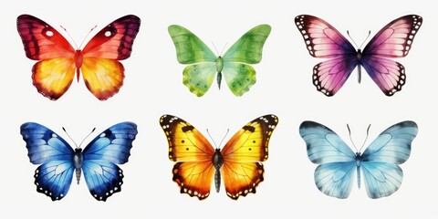 A collection of six different colored butterflies against a clean white background. Ideal for nature-themed designs and projects