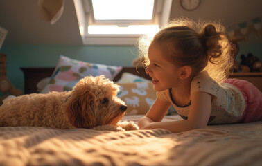The little girl is happily playing with her pet dog