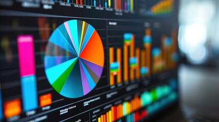 A computer monitor displays an array of dynamic financial charts, including a detailed, multicolored pie chart and various bar graphs.