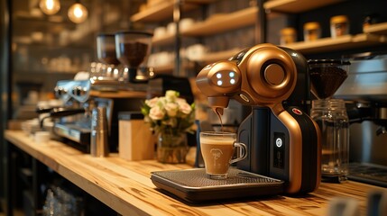 An automated robotic arm serves a fresh cup of coffee in a contemporary and cozy cafe setting, showcasing modern automation technology.
