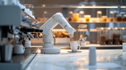 A robotic arm is precisely brewing espresso, part of an automated coffee-making process in a high-tech, minimalist cafe environment. - obrazy, fototapety, plakaty