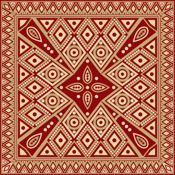 Vector gold with red square national Indian patterns. National ethnic ornaments, borders, frames. colored decorations of the peoples of South America, Maya, Inca, Aztecs.