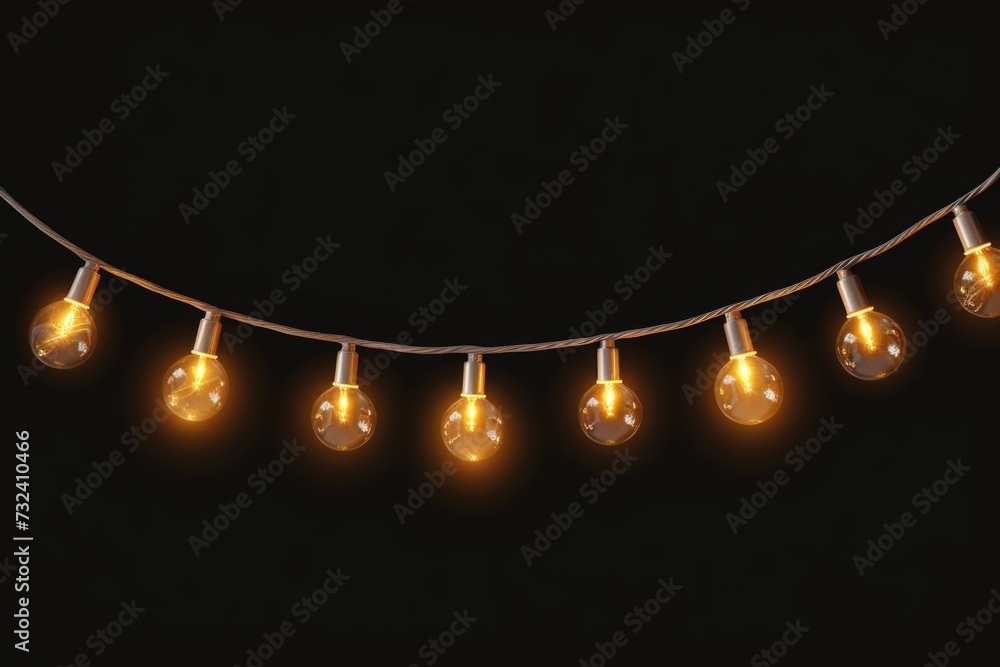 Poster A string of light bulbs on a black background. Perfect for adding a modern and stylish touch to any project