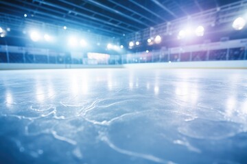 An ice hockey rink with lights reflecting off the ice. Suitable for sports events and winter-themed designs
