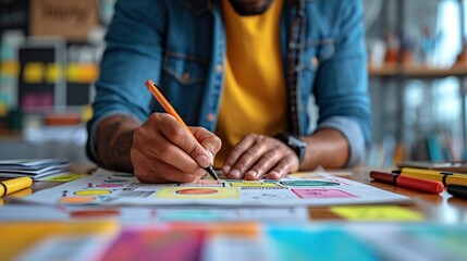 A detailed view of a designer's hand sketching a UX/UI layout with colored markers on paper, emphasizing a creative brainstorming process. - obrazy, fototapety, plakaty