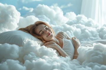 Happy Young beautiful woman sleeps and resting on a bed with a soft white dazzling pillows that float in the soft clouds. - obrazy, fototapety, plakaty