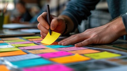 A professional organizing a project workflow using colorful sticky notes on a tabletop, focusing on hands and pen.