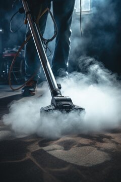 A person is shown using a steam cleaner to clean a carpet. This image can be used to illustrate carpet cleaning or household chores