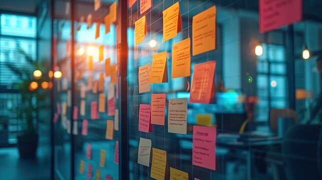 Focused image of a glass wall covered with colorful sticky notes for brainstorming in a modern office environment at sunset.