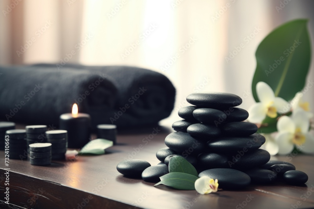 Poster a stack of black stones adorned with candles and flowers. perfect for creating a peaceful and serene