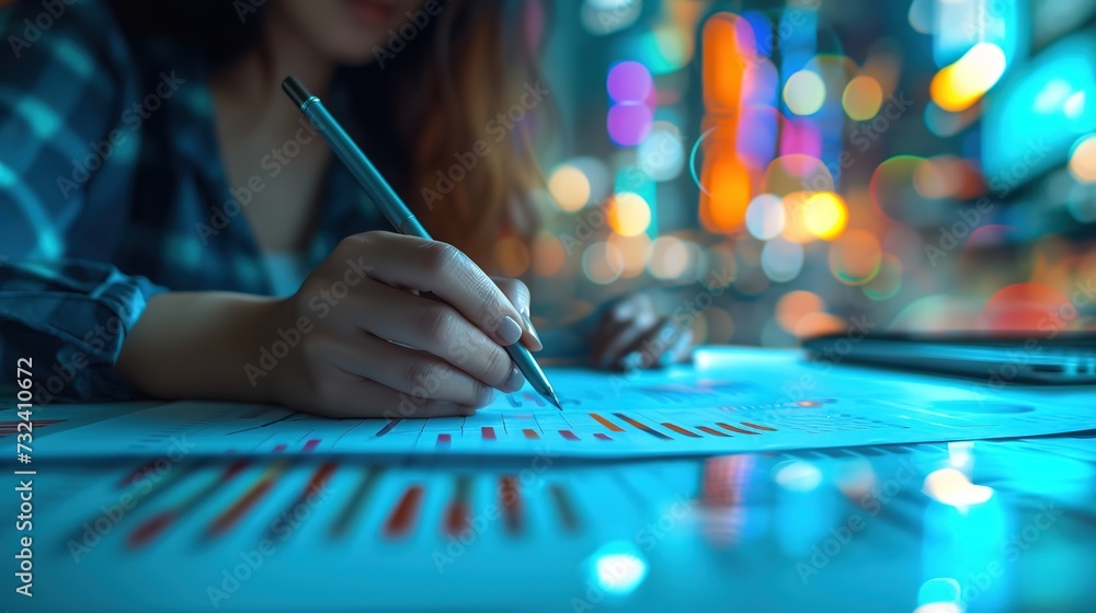 Poster a person analyzes statistical data on paper against a backdrop of colorful bokeh lights.