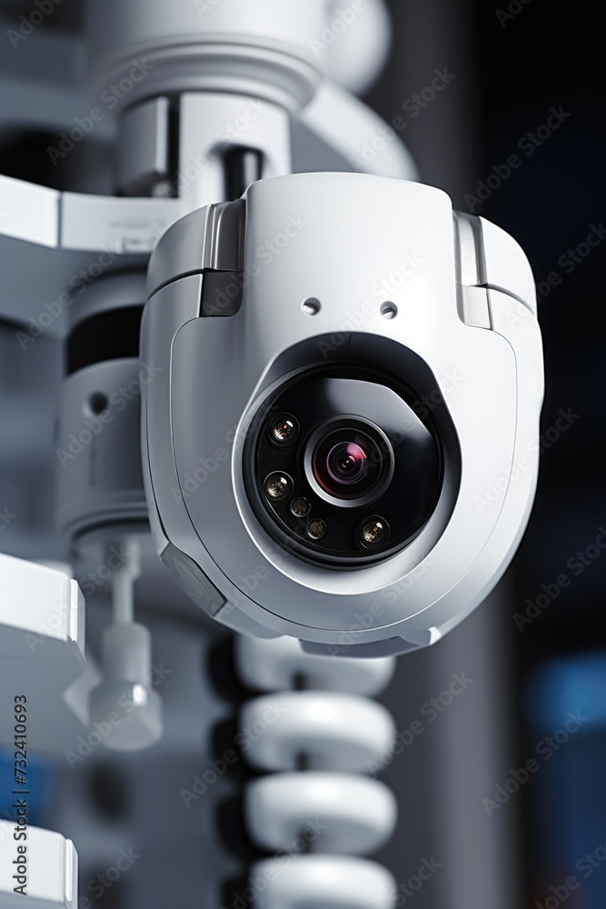 Poster a close-up view of a camera mounted on a wall. can be used for surveillance or security purposes