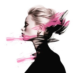 Business woman in fashion illustration style in black and pink tones and watercolor paint strokes.